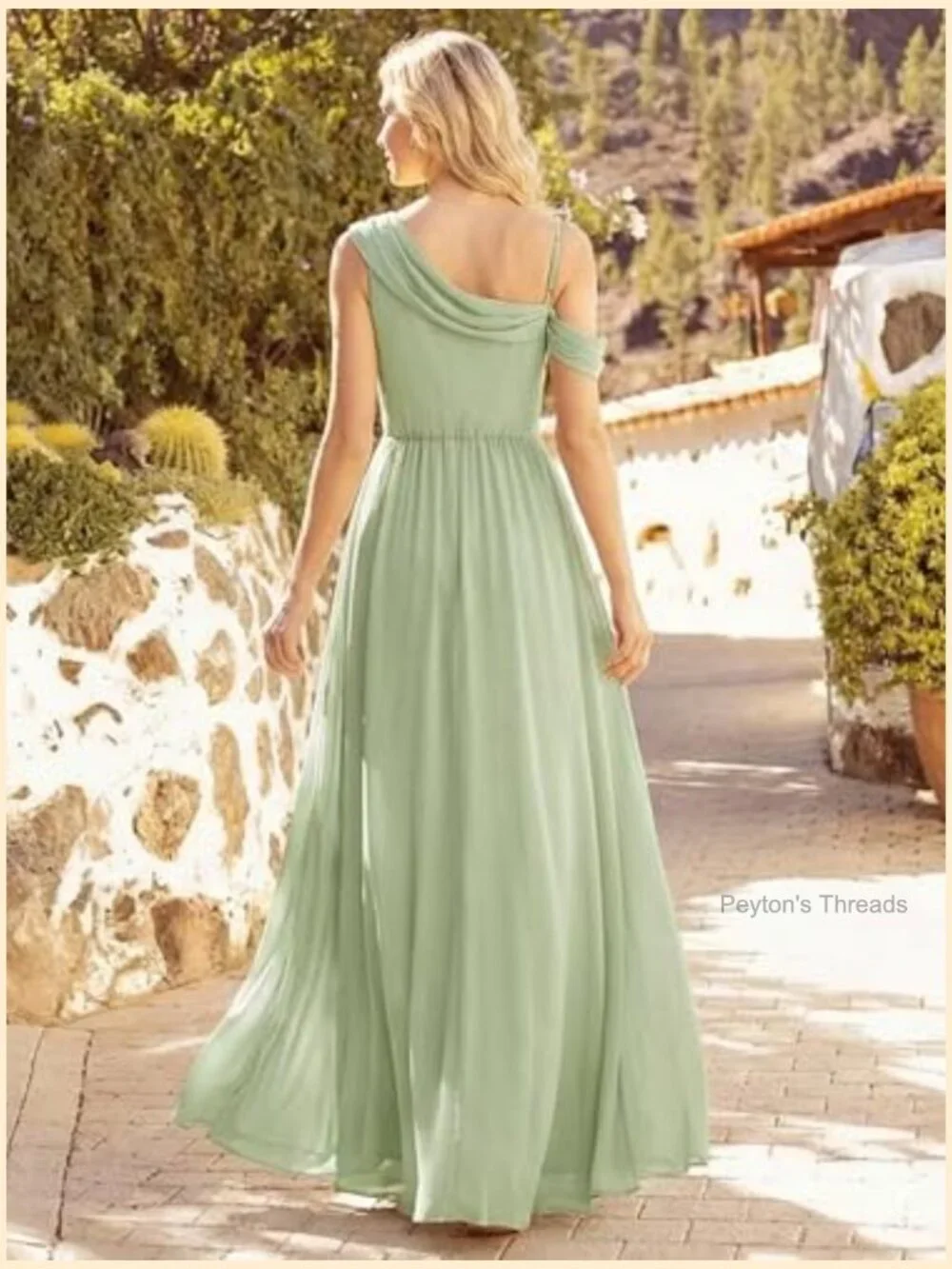 One Shoulder Bridesmaid Dress Short Sleeves Chiffon A-Line Floor Length